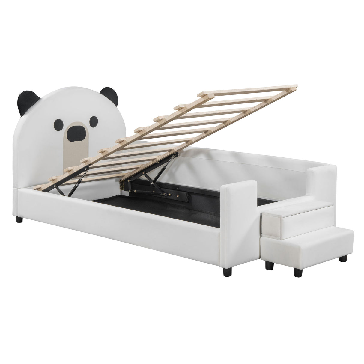 Upholstered Daybed With Bear Shaped Headboard, Hydraulic System And Breathable Mesh Fence