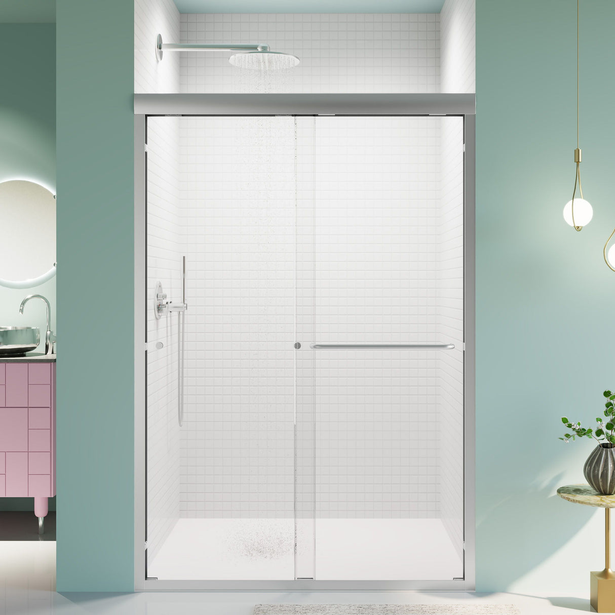Semi Frameless Double Sliding Shower Door With Tempered Glass